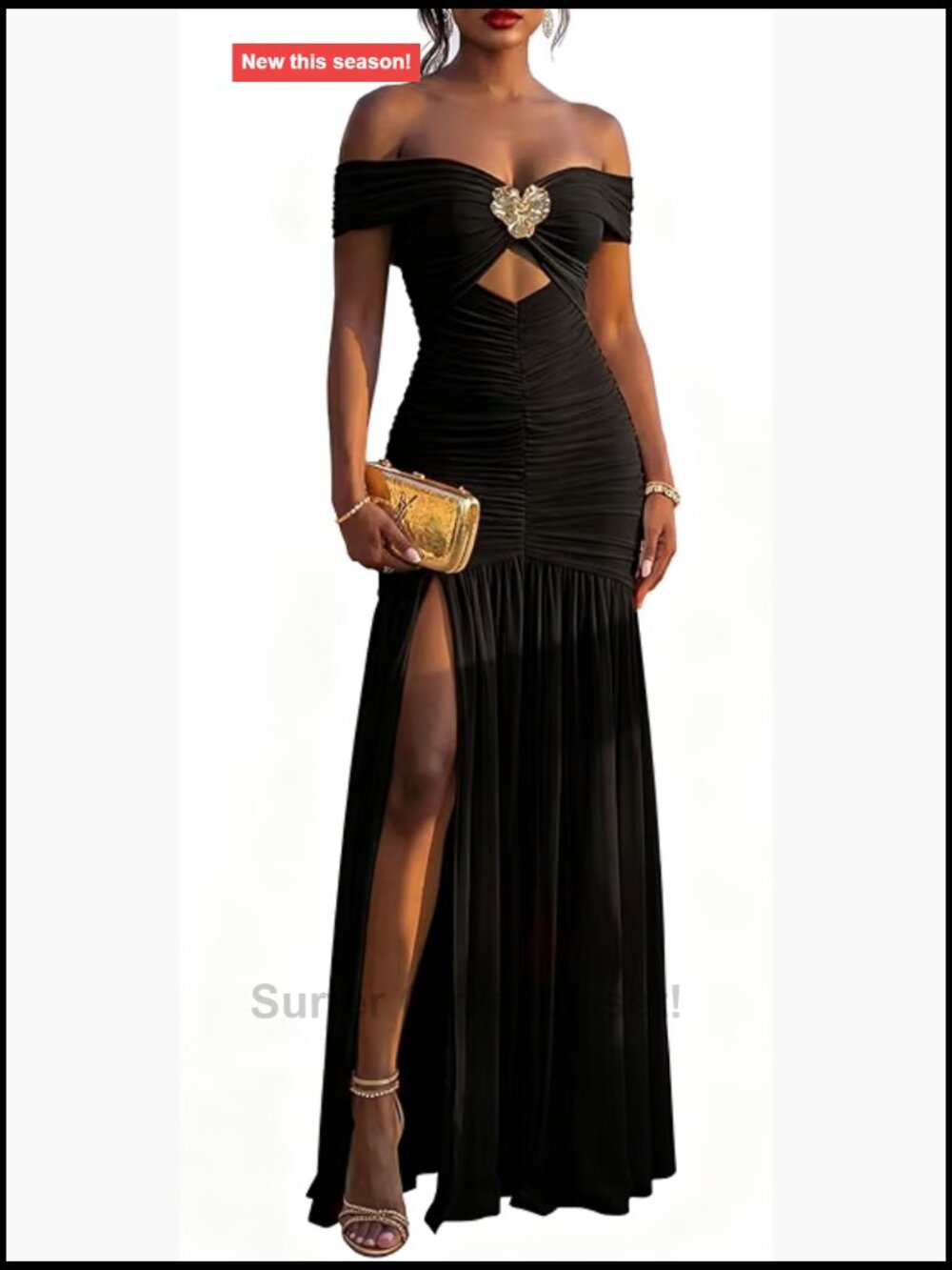 Women's Formal Ruched Bodycon Maxi Dress with Rhinestone Bow